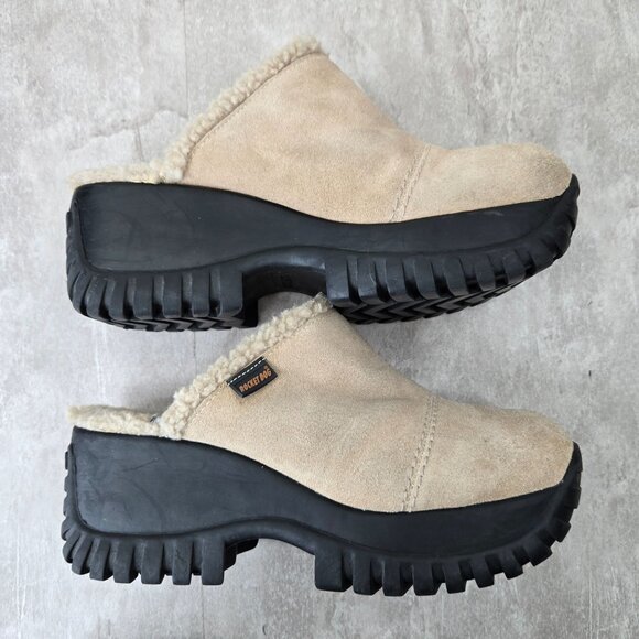 Rocket Dog Platform Clog Shoes Sz 10 Tan Suede Sherpa Y2K Chunky Slip On Mule - Picture 5 of 10